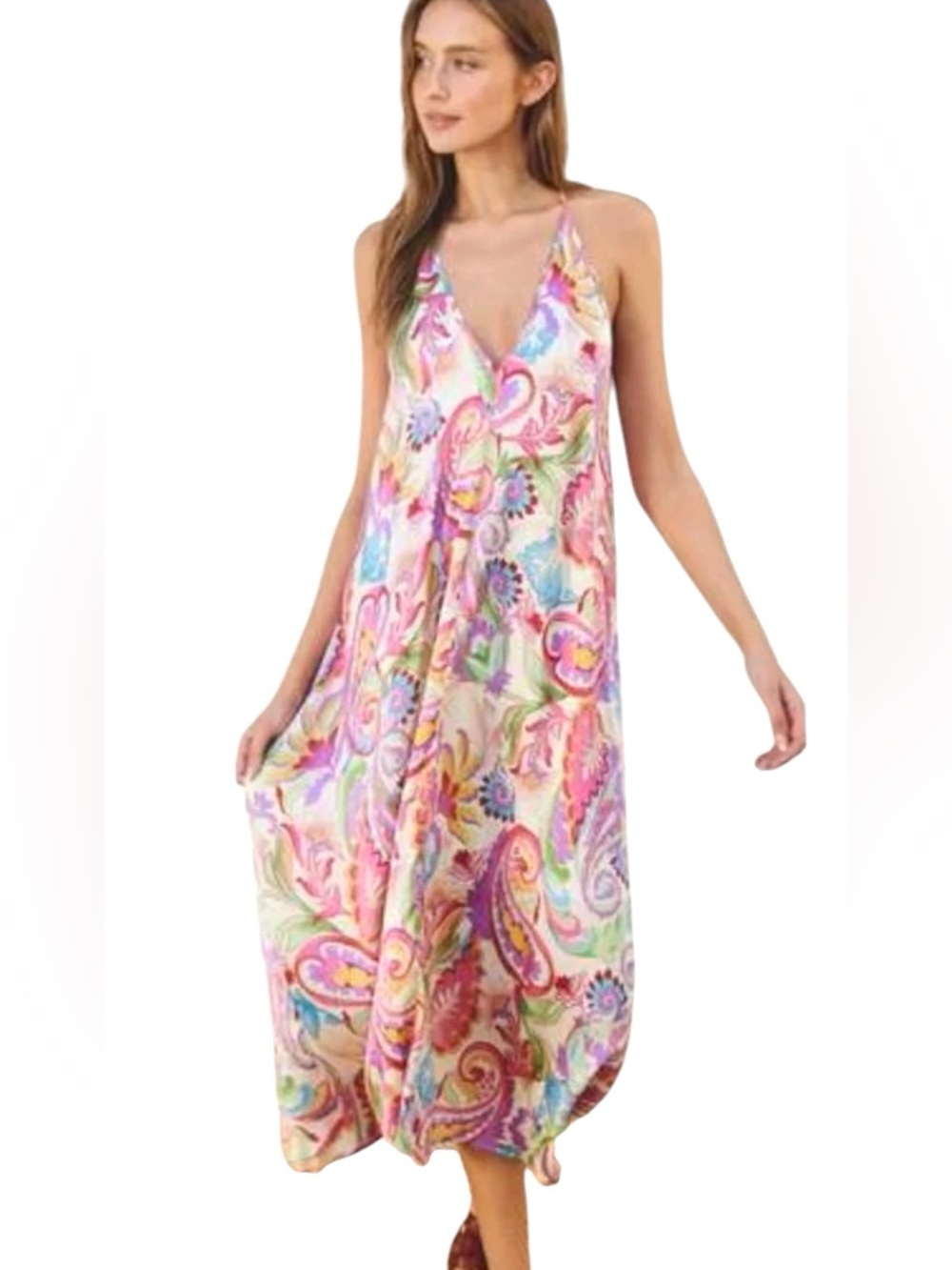 INTO THE BLUE Pastel Paisley V-Neck Maxi Dress - Multicolor LARGE